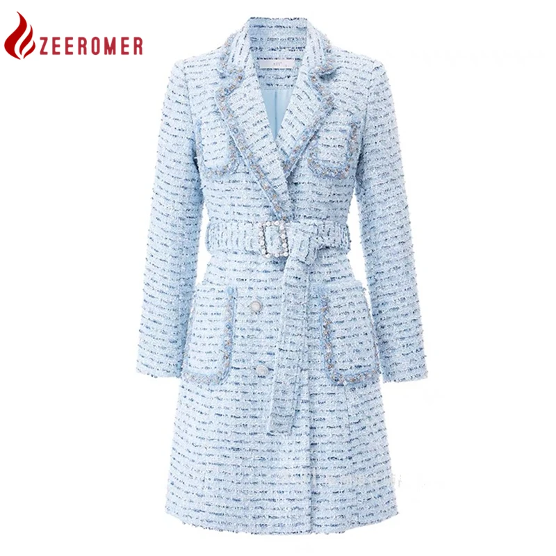 Fashion Blue Small Fragrant Wind Tweed Women Blazer Coat 2022Winter New Jackets Office Lady Temperament Suit Woolen Coat + Belt women's down coats & jackets Coats & Jackets