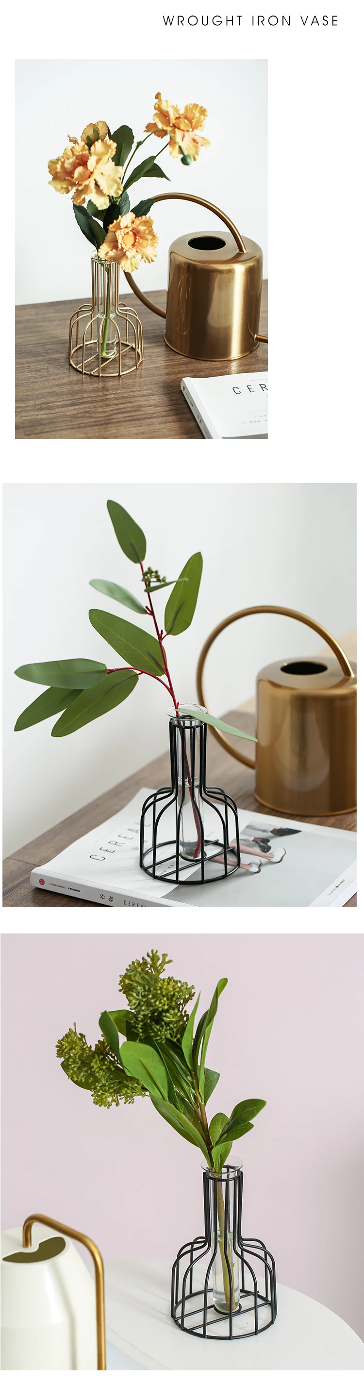 Black Lines Minimalist Abstract Iron Vase Geometric Hydroponic Vase Rack Home Decor Vase Abstract Glass Terrarium Gold Vase