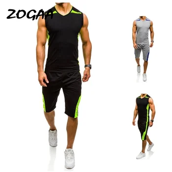 

Zogaa 2019 Brand Fitness Suits Summer 2PC Top Short Set Mens Stand Collar Tracksuit Sleeve-less T Shirt Shorts Casual Fashion