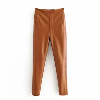 

2020 fashion trousers women elastic faux leather solid color simple pockets pants plus velvet warm side zipper slim pants