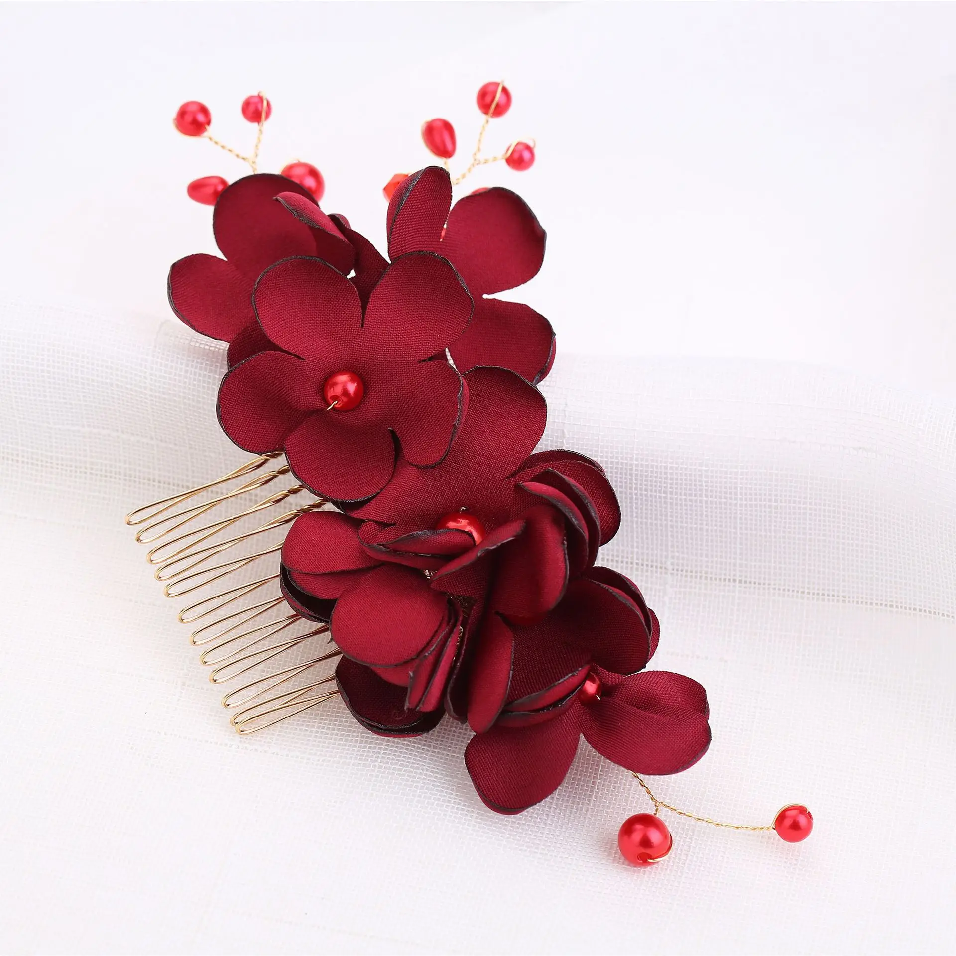 Корейский стиль невесты красный цветок ткань жемчужный гребень Свадебные аксессуары головной убор аксессуары для волос гребень для волос партия