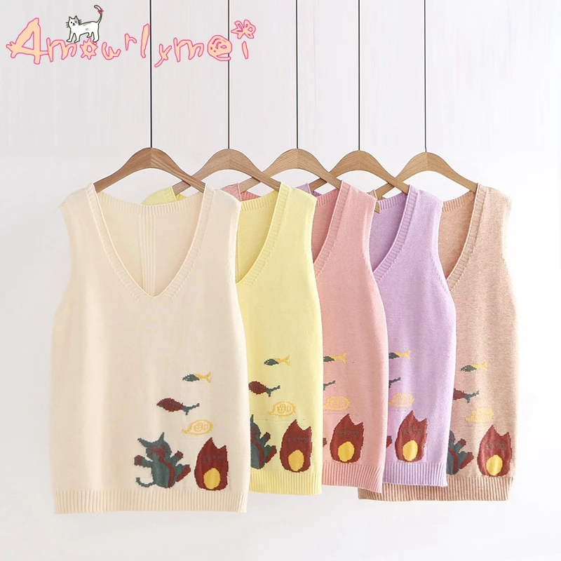 Japanese Mori Girl V-neck Cute Cartoon Fish and Cat Pattern Sleeveless Vest Pullover Sweater Autumn Women | Женская одежда