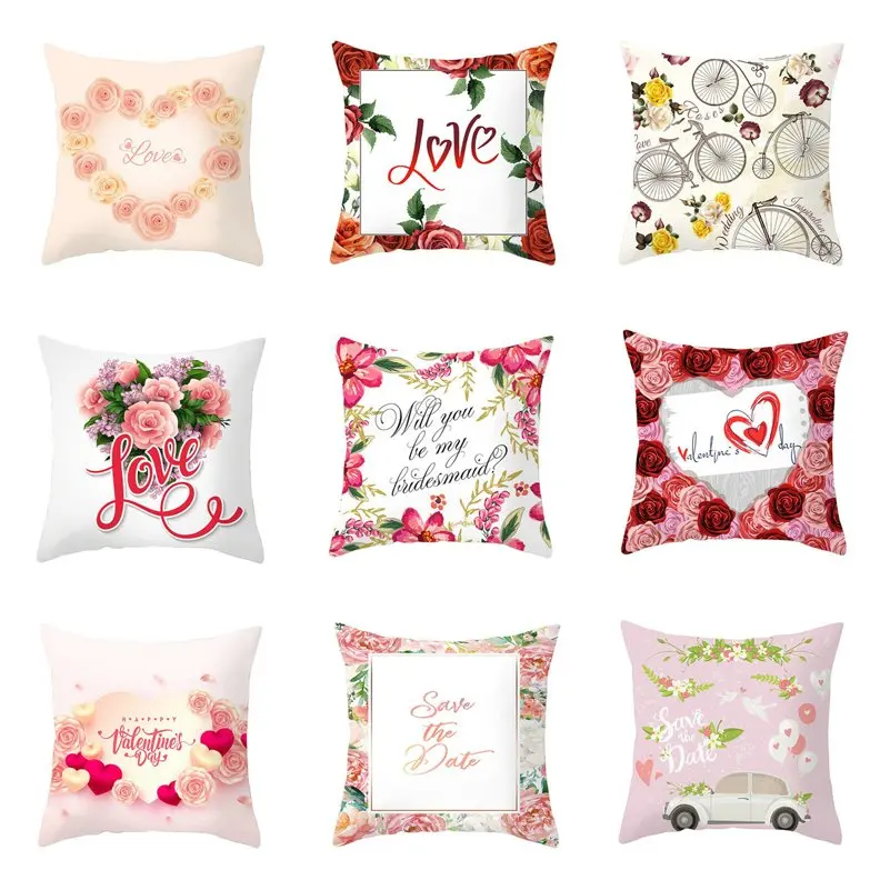 Letter Love Flowers Valentines Cushion Covers Polyester Throw Pillow Cover Sofa Home Bedroom Decorative Pillow Case 45x45cm Q480