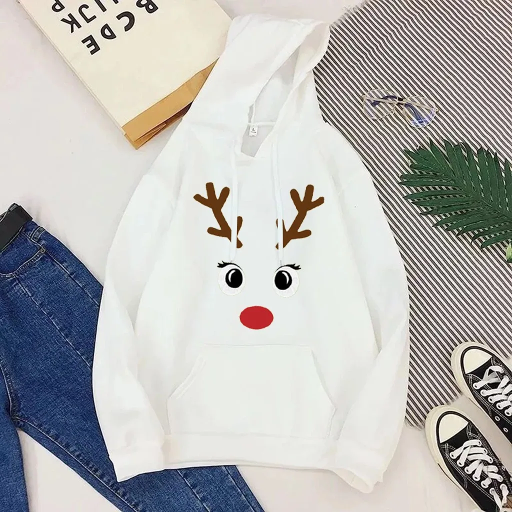 Christmas Print Sweatshirt Elk Printed Women Long Sleeve Christmas Hoodies Blouse Pullover Loose Street Tops jersey navidad