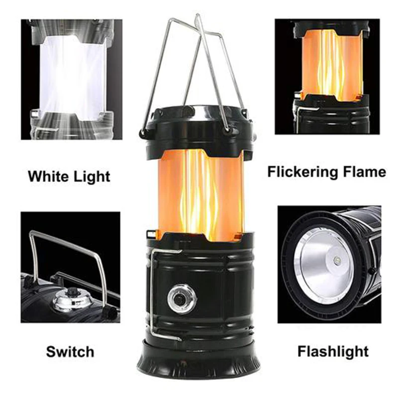 3-in-1 Camping Lantern 2 LED Light Source Poweful Portable Outdoor Tent Light Lamp LED Flame Lantern Flashlights