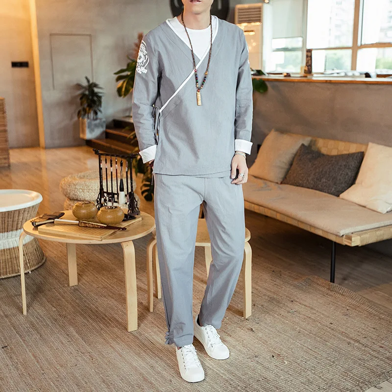 

19 Spring And Autumn New Style Chinese-style MEN'S Wear Vintage Cotton Linen Nation Chinese Clothing Set Men's Large Size Flax L