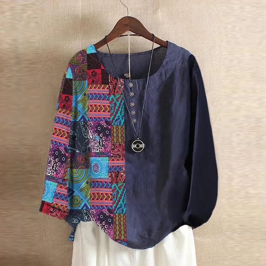 Народная рубашка к принтом на заказ Женская хлопковая Льняная блуза с круглым вырезом и длинным рукавом осенние кимоно mujer moda quimono feminino