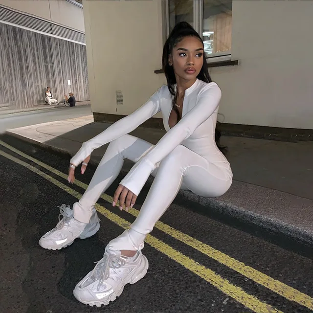 US $14.40 White Rompers Womens Jumpsuit Elegant Long Sleeve Overalls Sexy Night Party Solid Slim Jumpsuit Str