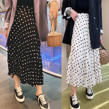 

811# Dot Printed Pleated Chiffon Maternity Long Skirts Summer Casual High Waist Belly Loose Clothes for Pregnant Women Pregnancy