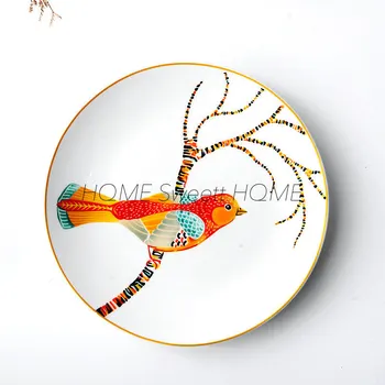 

4 Pieces Ceramic Plate Dishes with Deer Bird Tree 8 inches Steak Art Dishes Retro Cutlery Round Tray Food Tableware for Kitchen
