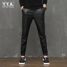 Модные мужские кожаные шаровары, Повседневные Удобные Эластичные мужские брюки, полная длина, эластичный пояс, искусственная кожа, обтягивающие брюки