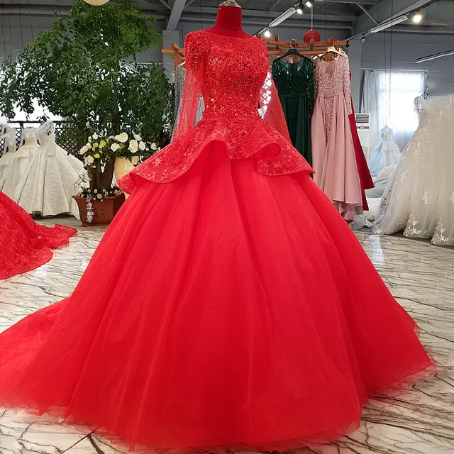 LS69433 Red Ball Gown Evening Dress With Peplum O Neck Long Sleeve Formal Dress For Wedding Party With Heavy Handworking Flowers 2