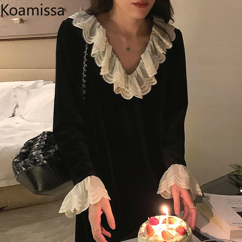 

Женское бархатное платье макси Koamissa, с оборками, длинным рукавом и V-образным вырезом, весеннее повседневное Свободное платье в стиле ретро, 2022