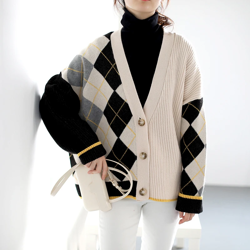 H.SA Women Vintage Sweater Cardigans V neck Geometric Retro Jacket Coats Knitwear Loose Sweater Oversized Thick Winter Coat