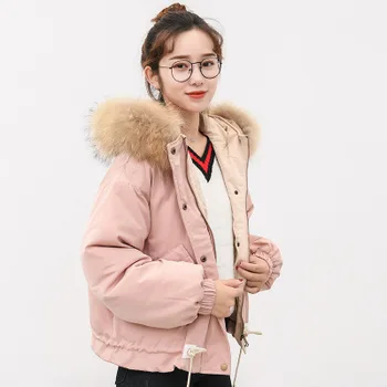 

Short White Duck Down Jacket Women Winter Large Fur Collar Korean Hooded Parka Pink Coat Jackets Campera Mujer KJ532