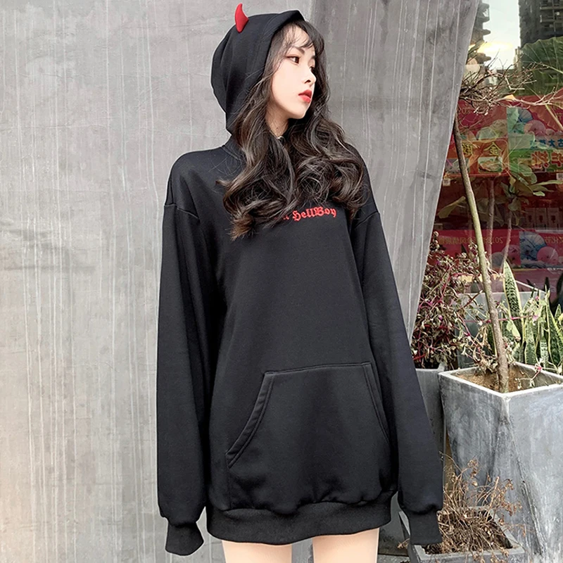 Fall Black Harajuku Hoodies Women Sweatshirt Punk Gothic Girls Devil Wing Loose Autumn Pullover Top Warm Casual Sweatshirt