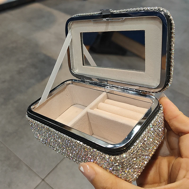 Luxury Mini Rhinestones Jewelry Box With Mirror Travel Portable