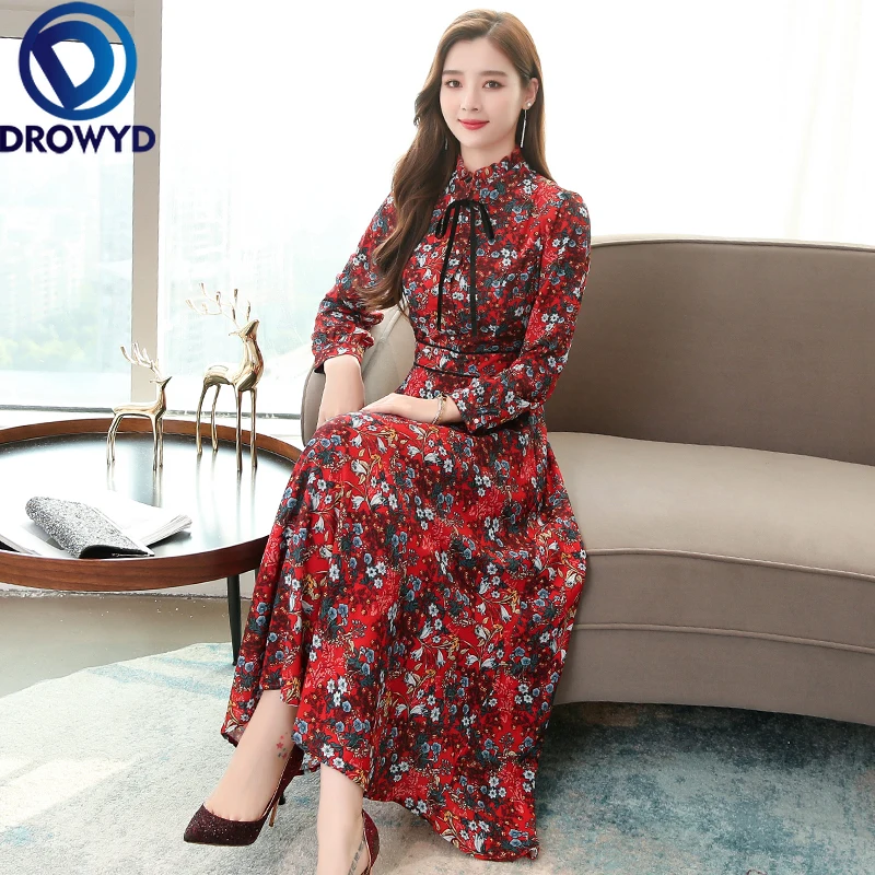 

Red Printed Midi Dress for Women New Autumn and Winter Bohemian Casual Large Size Dress Elegant Floral Night Club Party Dresses