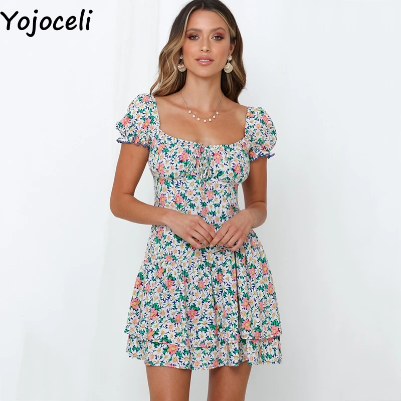 Yojoceli элегантное короткое женское платье с цветочным принтом летнее сексуальное повседневное крутое мини-платье пляжное повседневное милое платье vestidos