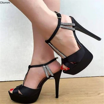 

Olomm Women Platform Satin Sandals Sexy Rhinestone Stiletto Heels Sandals Open Toe Elegant Black Party Shoes Women US Size 5-15