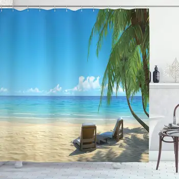

Tropical Decor Collection, Two Stylish Beach Chairs on Beach Relaxing Shadow from The Palm Trees Photography, Polyester Fabric