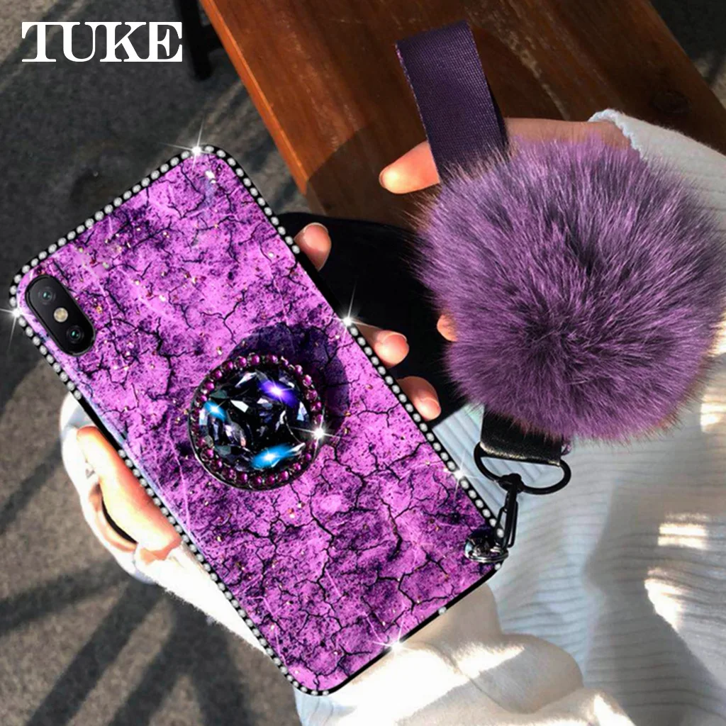 

For Oneplus 7 Pro Bling Glitter Marble Case Fashion Cover Plush Ball Stand Holder