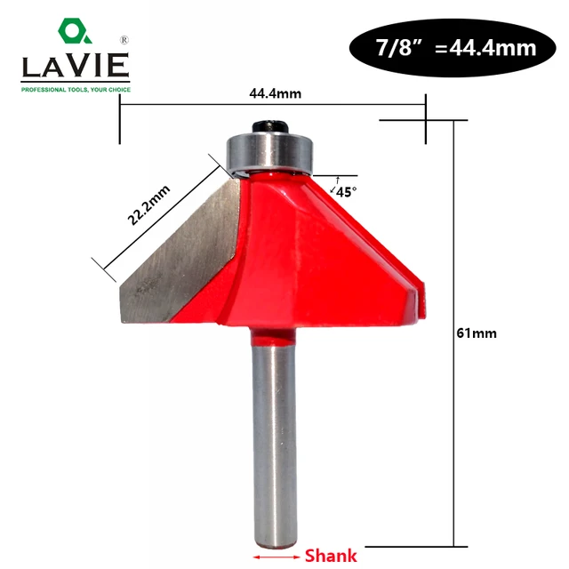 LAVIE 1pc 6mm 6.35mm Shank 45 Degree Chamfer Router Bit Edge Forming Bevel Woodworking Milling Cutter for Wood Bits MC01130 44.4mm