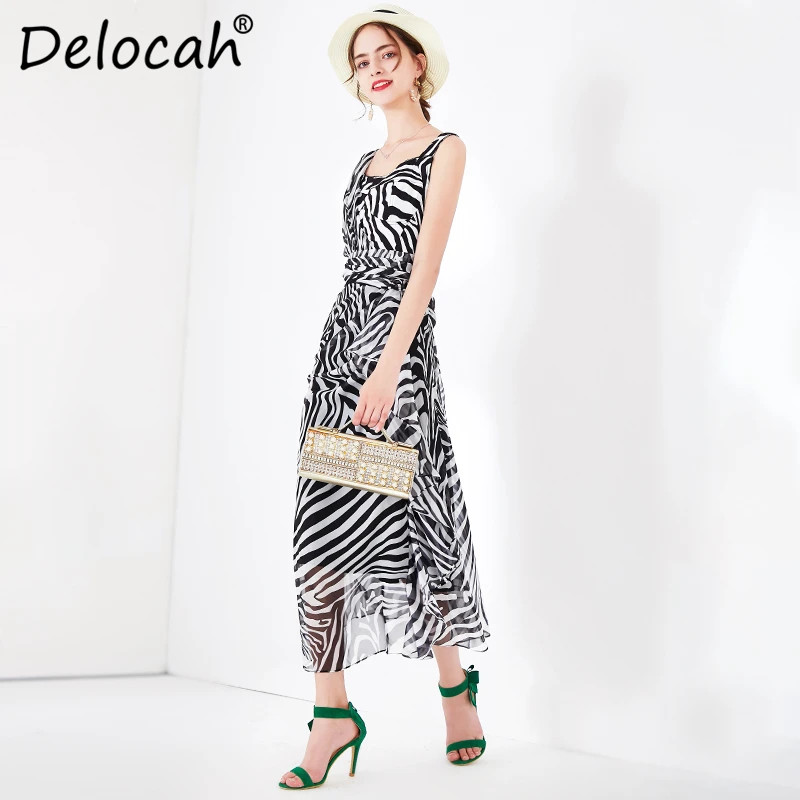 Delocah, женское платье на весну и лето, подиумное, модное, дизайнерское, сексуальное, на тонких бретельках, в полоску, с принтом, тонкое, праздничное, для девушек, платья