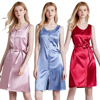 

Women Imitation Silk Sleeveless Nightgown Open Front Button Sleepwear Nightdress