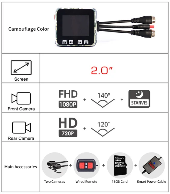 Camouflage Color Wifi moto rcycle dvr 1080P moto dash cam 140 ° moto rbike Двойная камера " дисплей видеорегистратор ночного видения moto cam recorder E6 - Название цвета: Camouflage Color