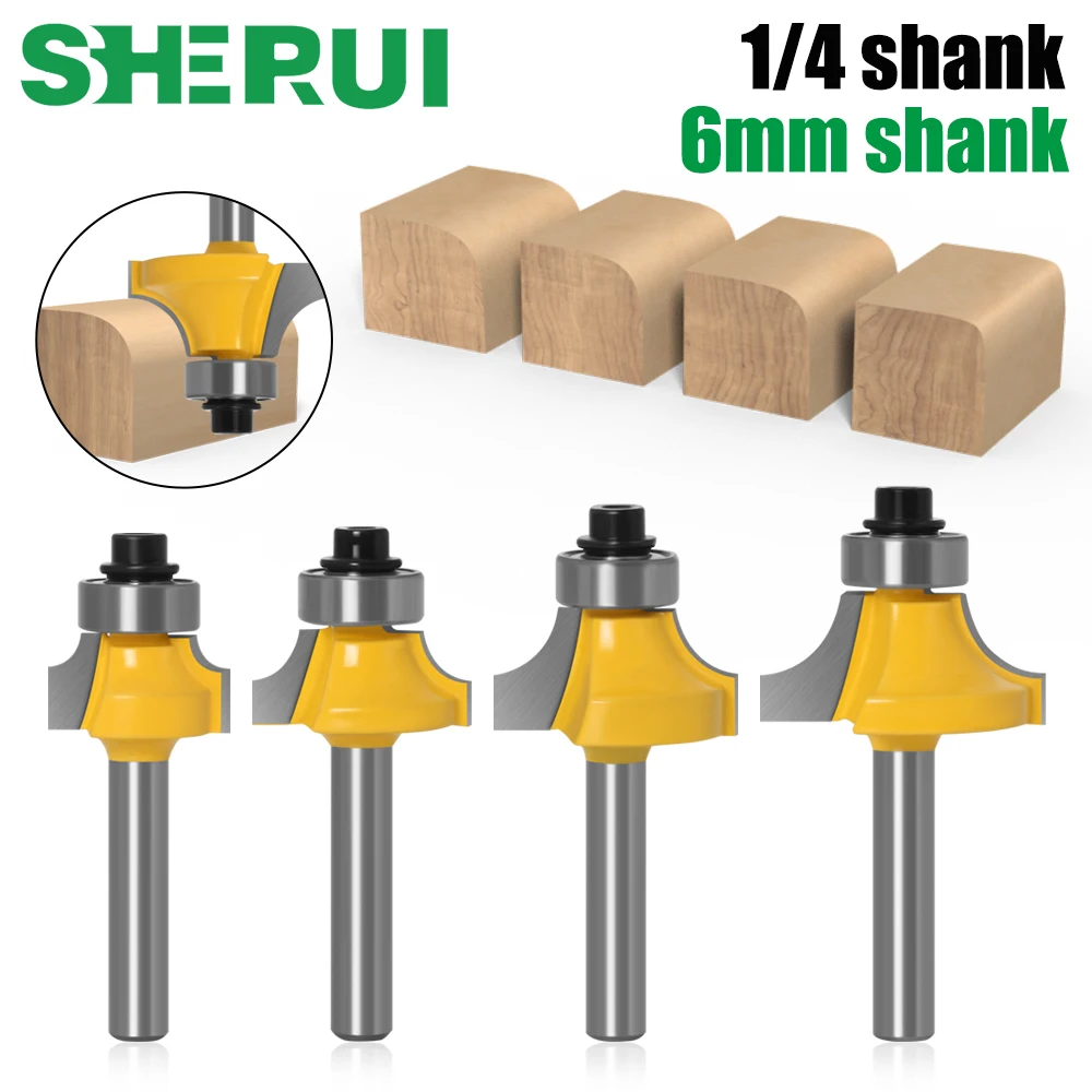 

4PCS 6mm shank R3.17 R4.76 R6.35 R7.96Corner Round Over Router Bit with BearingMilling Cutter for Wood Woodwork Tungsten Carbide