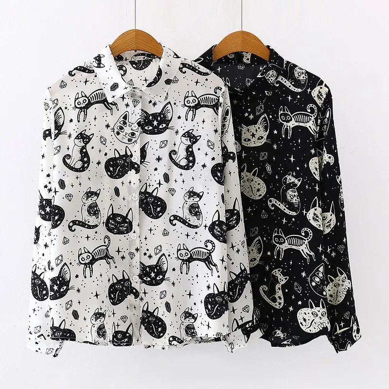 Женская рубашка с рисунком кота, персональные топы и блузки, модная Офисная Женская рубашка с длинным рукавом, белая, Черная