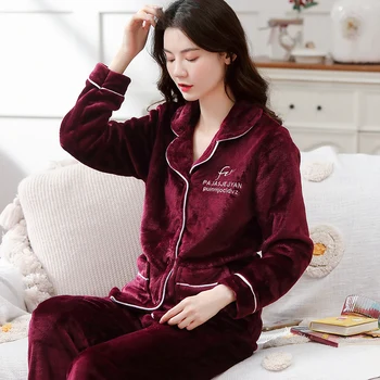 

Soft Women Nightwear Coral Fleece Warm 2PCS Sleepwear Home Clothes 2020 Autumn Winter New Flannel Pajamas Suit Intimate Lingerie