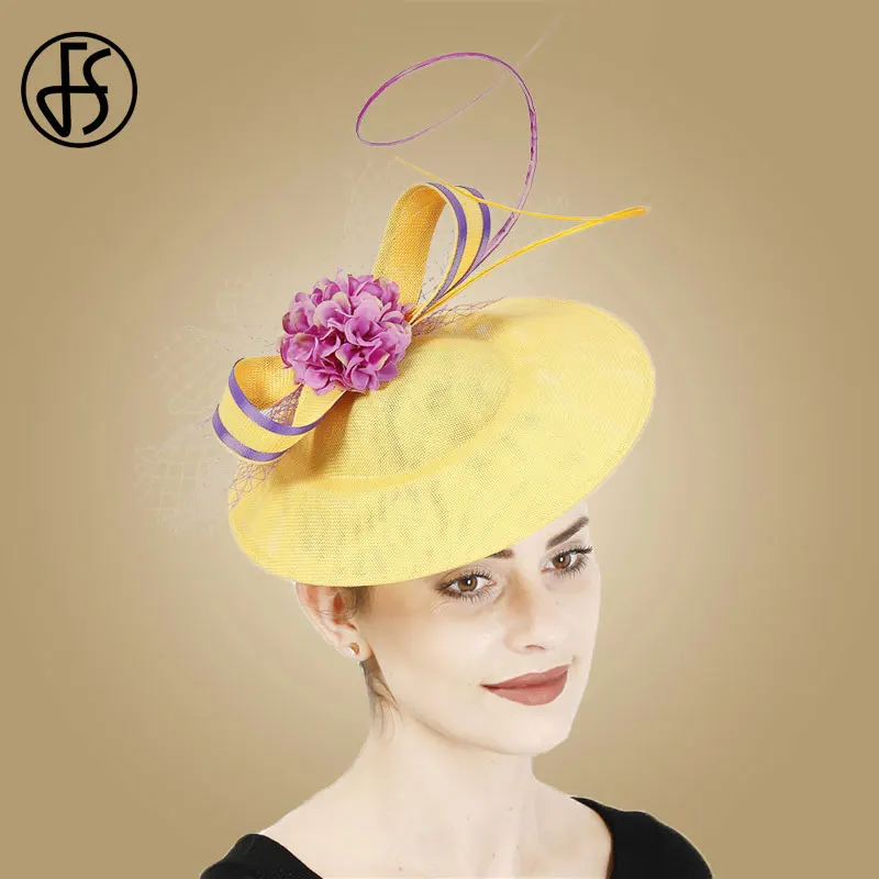 

FS Fascinator Hat Yellow Large Flower Mesh Wedding Church Elegant Kentucky Derby Fedoras Vintage Feather Cocktail Party Hat