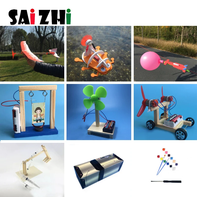 

Saizhi 9sets DIY Children Science Project Toys Kits Wood Kids Physical Science Experiments Toy Set Assembled Car Educational Toy
