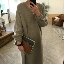 Winter Loose Style Women Dress Elegant Korea Knitted Sweater Dress V Neck Casual Dress