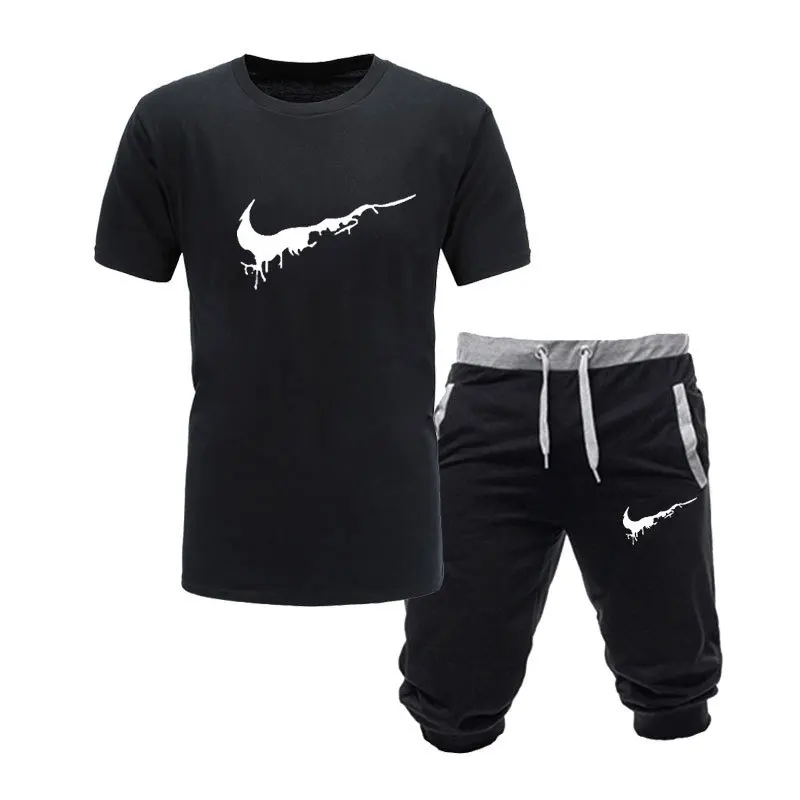 Мужская футболка с коротким рукавом, набор, модная персонализированная футболка с принтом+ шорты, хлопок, повседневный мужской спортивный костюм
