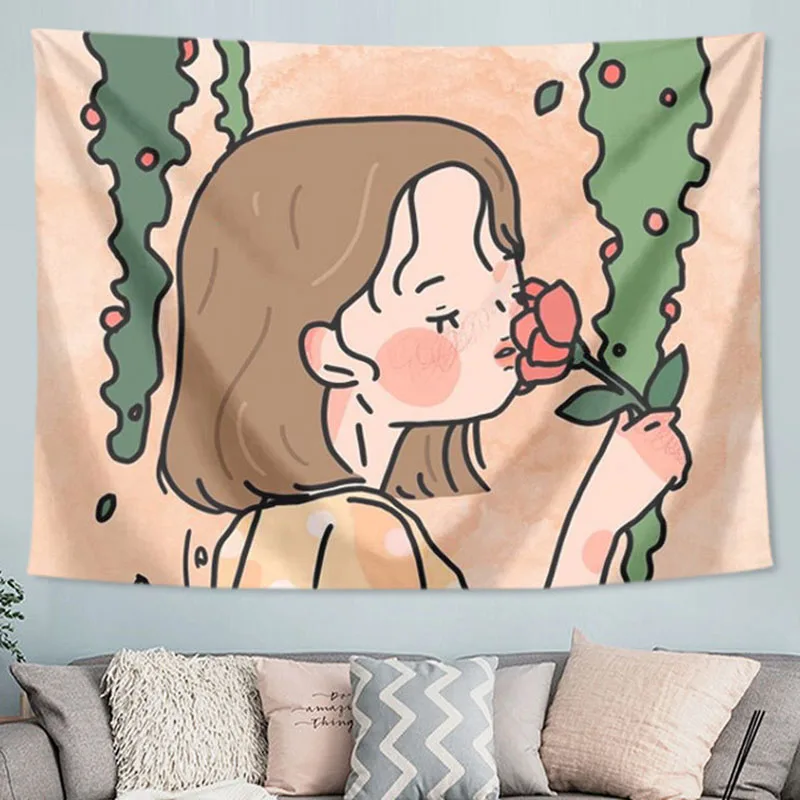 

rose flower girl tapestry large wall cloth cute kawaii room decor wall blanket