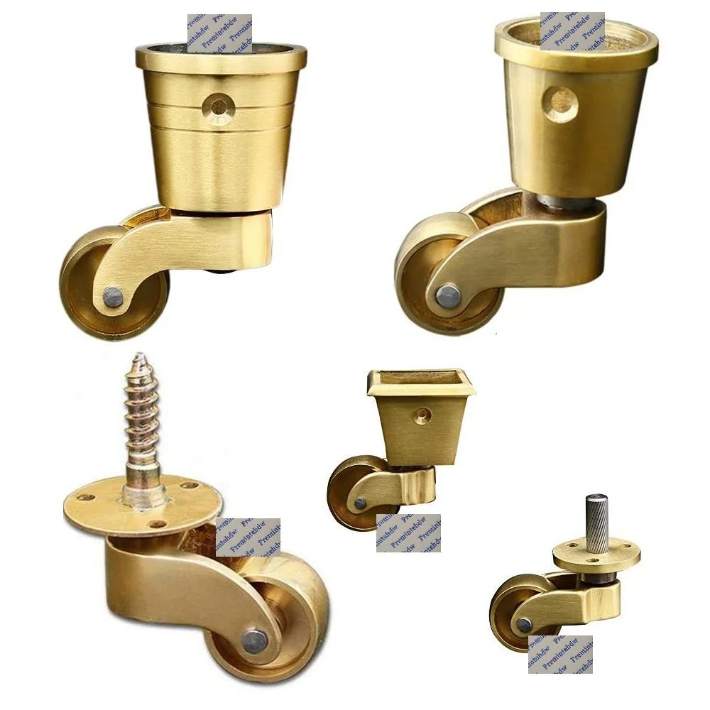 4Pcs Solid Brass Furniture Caster Castor Wheel Round Square Cup Knock in Dowel Threaded Bolt Piano Cabinet Wine Serving Trolly |