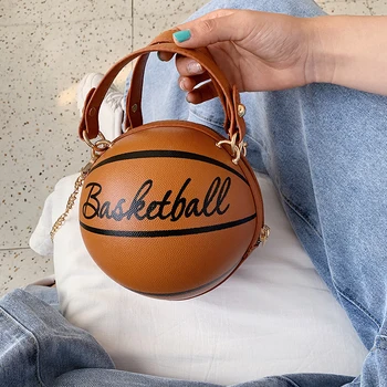 

New Fashion Women Design Basketball Shape Chains Hand Bag Pu Letter Shoulder Bag Female Mini Crossbody Bags Circular Purse
