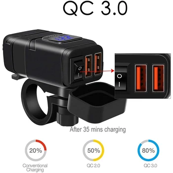 

Motorcycle USB Charger Waterproof,12V QC3.0 Dual USB Charger Waterproof(Black)