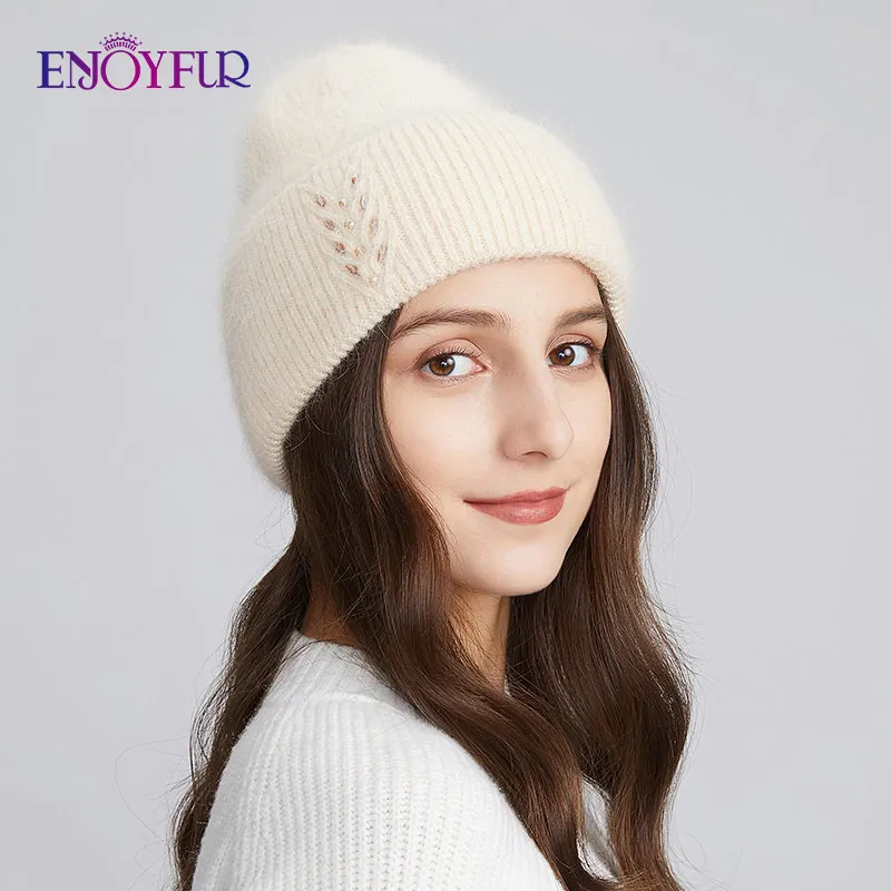 ENJOYFUR Women Winter Knitted Hats Natural Angola Wool Cuffed Dome Cap For Female Fashion Stretch Casual Brand Beanies Gorro 3