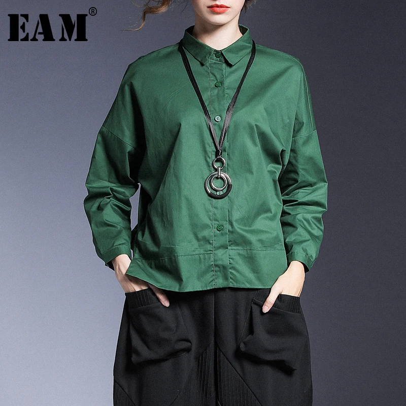 [EAM] Женская длинная Повседневная блуза с отворотом и длинным рукавом, модная Свободная рубашка, подходит ко всему, весна-осень 1A035