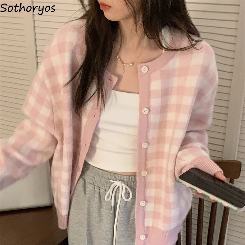 Pink Plaid Cardigan Women Cute Preppy Style All-match Outwear Single Breasted Students Korean Cozy Lovely Casual Knitwear Chic |