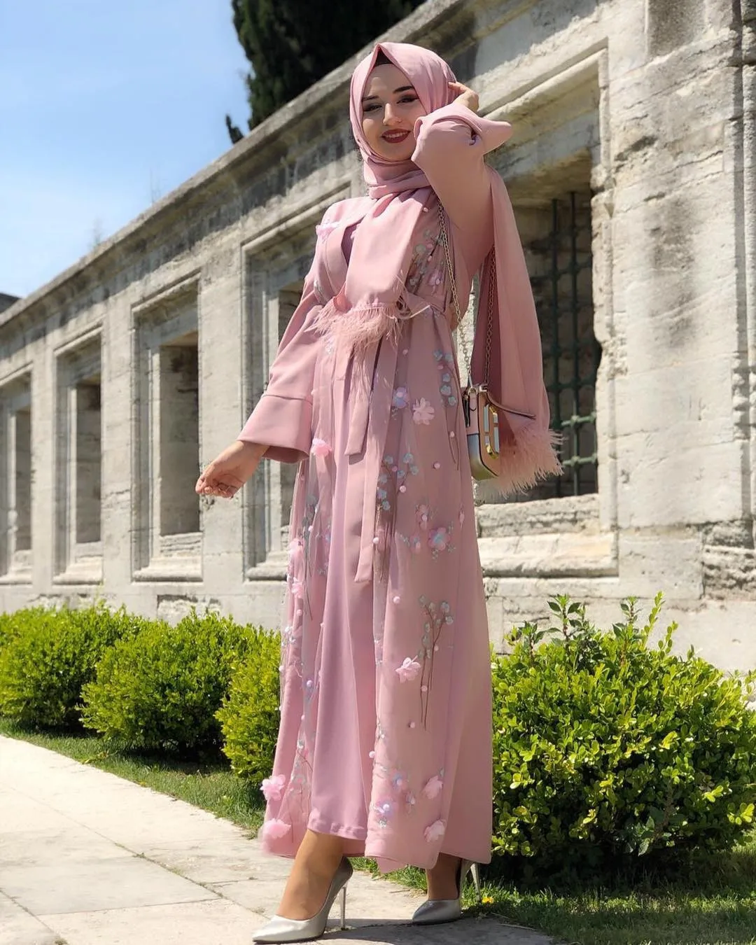 Цветочная Турецкая абайа кимоно кафтан Дубайский Мусульманский платье хиджаб абайя s для женщин Caftan Marocain Турция Исламская одежда халат Femme - Цвет: Розовый