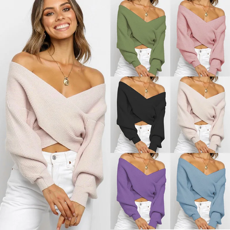 

Women Sweaters Pullovers Autumn Winter Long Sleeve Femme Solid Color Jumper Female Casual Short Knitted Tops
