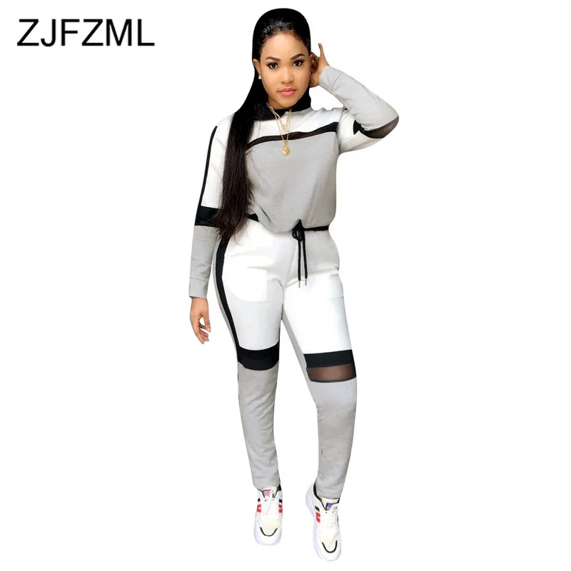 

Contrast Color Mesh Patchwork Two Piece Set Woman Clothes 2019 Turn-down Collar Full Sleeve Top + Pencil Pants Plus Size Set