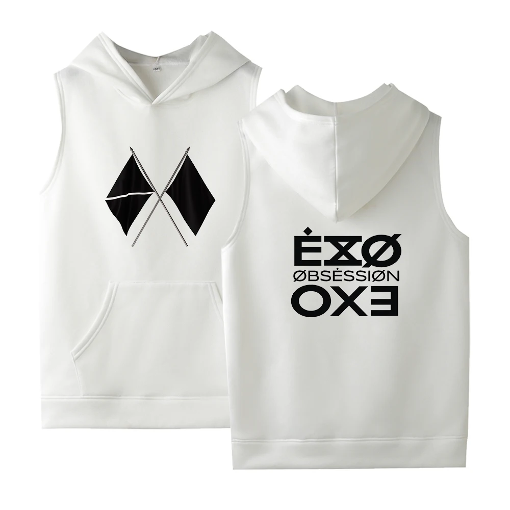 white EXO альбом OBSESSION с капюшоном для мужчин и женщин без рукавов толстовки Толстовка Kpop флисовая уличная одежда унисекс пуловер Одежда - Цвет: white