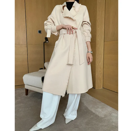 beige Зимнее Новое Женское шерстяное пальто Корейская мода Высокая талия двухстороннее с кисточками пояс длинное шерстяное пальто - Цвет: beige