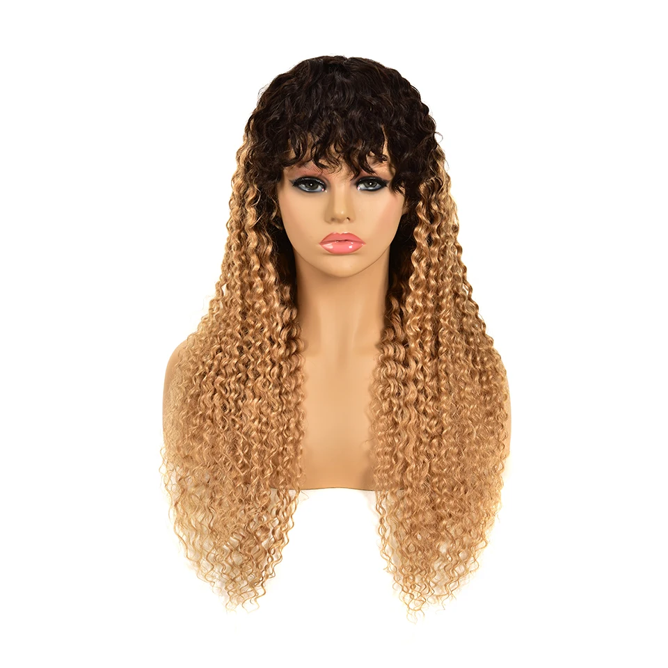 

Kinky Curly Human Hair Wig With Bangs For Women 1B/27 Peruvian Hair Non Lace Wig With Bangs Remy Hair Full Machine Wigs